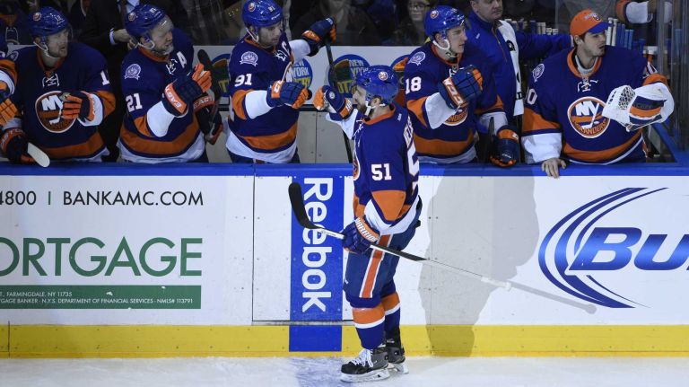 New York Islanders center Frans Nielsen celebrates his goal against the Los Angeles Kings in the second period of an NHL hockey game at Nassau Coliseum on Thursday, March 26, 2015.