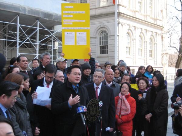 Assemblymember Ron Kim speaks about making the Lunar New Year a school holiday. Assemblymember Sheldon Silver and Councilmember Margaret Chin look on. Downtown Express photo by Dusica Sue Malesevic