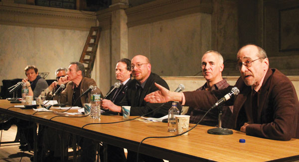 Forum on small businesses offers a solution within reach 1 Mark Crispin Miller, right, said powerful forces have long been working to push Manhattan’s property values through the roof. Other panelists included, from left, Jenny Dubnau, Alfred Placeras, Steve Null, Steven Barrison, moderator Lincoln Anderson and Bob Perl. Photos by Tequila Minsky