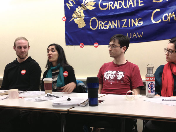 A panel specifically to keep undergraduate students informed about the negotiations before the agreement was reached included, from left, moderator Sean Larson, with panelists Natasha Raheja, Jonah Walters and Priya Mulgaonkar. (Not shown, Ryan McNamara).  Photo by Amanda Morris