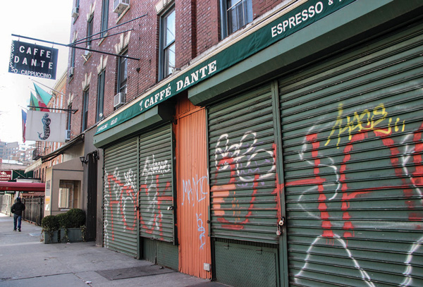 Despite recent denials by its owner, Mario Flotta, that Caffé Dante would be closing, the 100-year-old cafe this week finally shuttered its doors, driven under by a prohibitive rent increase.  Photo by Tequila Minsky