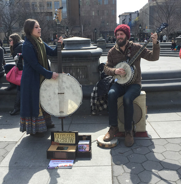 Coyote & Crow — it wasn’t clear who was which, and it didn’t really matter — jammed in Washington Square Park over the weekend to help usher in spring.   Photo by Tequila Minsky