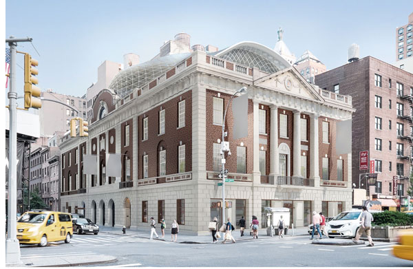 A street-level view from the northwest of the previous rooftop-addition design.