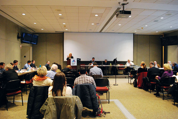 Photo by Winnie McCroy Assemblymember Linda Rosenthal (at podium) described some policy issues that were tied to the budget as “manipulative” — including The DREAM Act, which the Assembly passed for a number of years, but Republicans blocked.