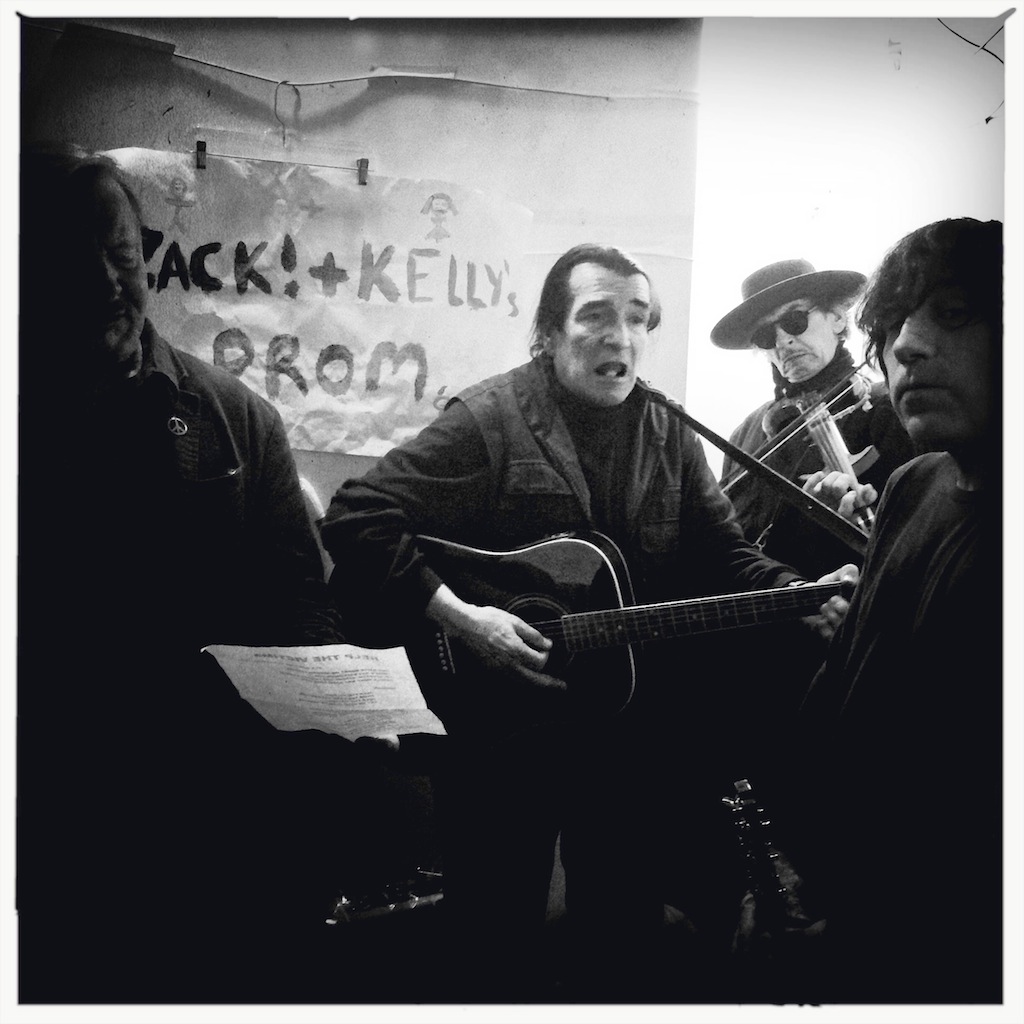 David Peel and the Bowery Boys hanging out backstage before performing at the East Village fire benefit on Sunday night.