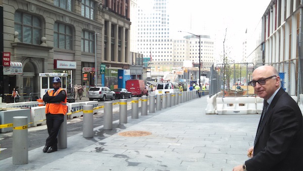 Steve Plate, in charge of World Trade Center construction for the Port Authority, just before the north side of Liberty St. opened, May 5. Downtown Express photo by Josh Rogers.