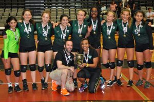 Asphalt Green girls volleyball team wins division 2 The winning team from left to right is Gabi Folit, Chiara Hardy, Juliet Schulman-Hall, Leora Shlasko, Kendall Chapman, Khariyyan Flowers, Alex Kusio, Payton Reising, and Gisselle Sorin. The front row is Ben Freeman, club director, and Dalliana Toussaint, coach. Photo courtesy of Asphalt Green.