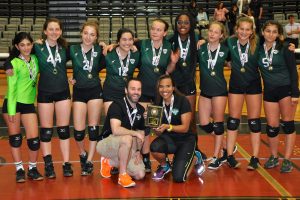 The winning team from left to right is Gabi Folit, Chiara Hardy, Juliet Schulman-Hall, Leora Shlasko, Kendall Chapman, Khariyyan Flowers, Alex Kusio, Payton Reising, and Gisselle Sorin. The front row is Ben Freeman, club director, and Dalliana Toussaint, coach. Photo courtesy of Asphalt Green.