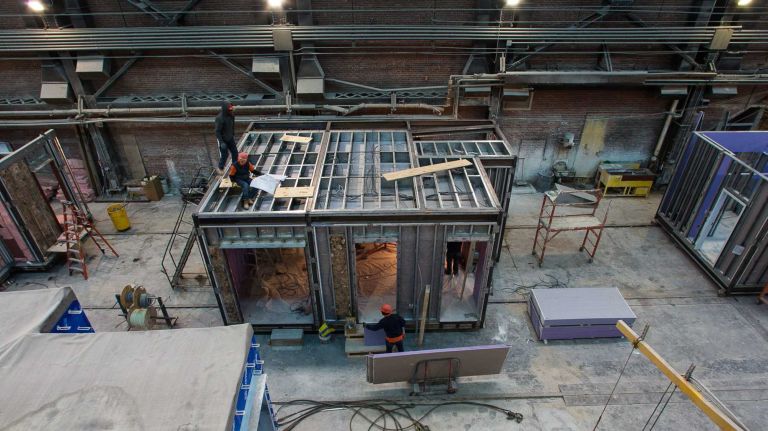 Construction of New York City's micro apartments, by Capsys, a modular manufacturer, is going on at the Brooklyn Navy Yard, April 9, 2015. Once the apartments are completed, they will be moved to Manhattan.
