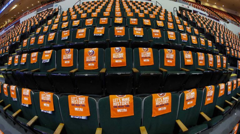 Rally towels are seen on the seats before Game 3 of the Eastern Conference quarterfinals between the New York Islanders and the Washington Capitals at Nassau Coliseum on Sunday, April 19, 2015.