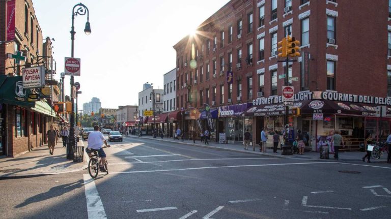 Pedestrians on Nassau Ave. and Leonard St. in Greenpoint on August, 26, 2014. 