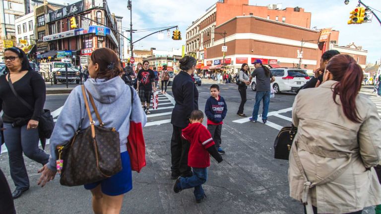 Pedestrains crowd the hub at 149th St and 3rd Ave in the Melrose neighborhood in the Bronx on April 15, 2015. 
