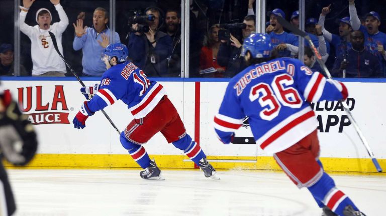 Derick Brassard #16 of the New York Rangers celebrates his first-period goal against the Pittsburgh Penguins during Game 1 of the Eastern Conference quarterfinals at Madison Square Garden on Thursday, April 16, 2015.