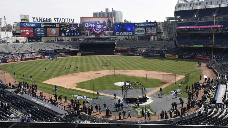 Yankees Opening Day in 2015 57 The New York Yankees take batting practice on Opening Day before a baseball game against the Toronto Blue Jays at Yankee Stadium on Monday, April 6, 2015.