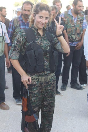 This photo led to “Rehana” becoming the poster girl for Kurdish freedom fighters last year. It was said she had singlehandedly killed 100 ISIS soldiers. ISIS soon tweeted that it had beheaded her, sending out a photo of a woman’s severed head as proof. But the facial features did not resemble Rehana’s. Rehana, in fact, may not even be her real name and there is skepticism she really killed that many ISIS fighters. But she reportedly escaped Kobane, fleeing to Turkey, and is still alive. Highly unusual in the patriarchal Muslim world, thousands of women are fighting in the Kurdish resistance.