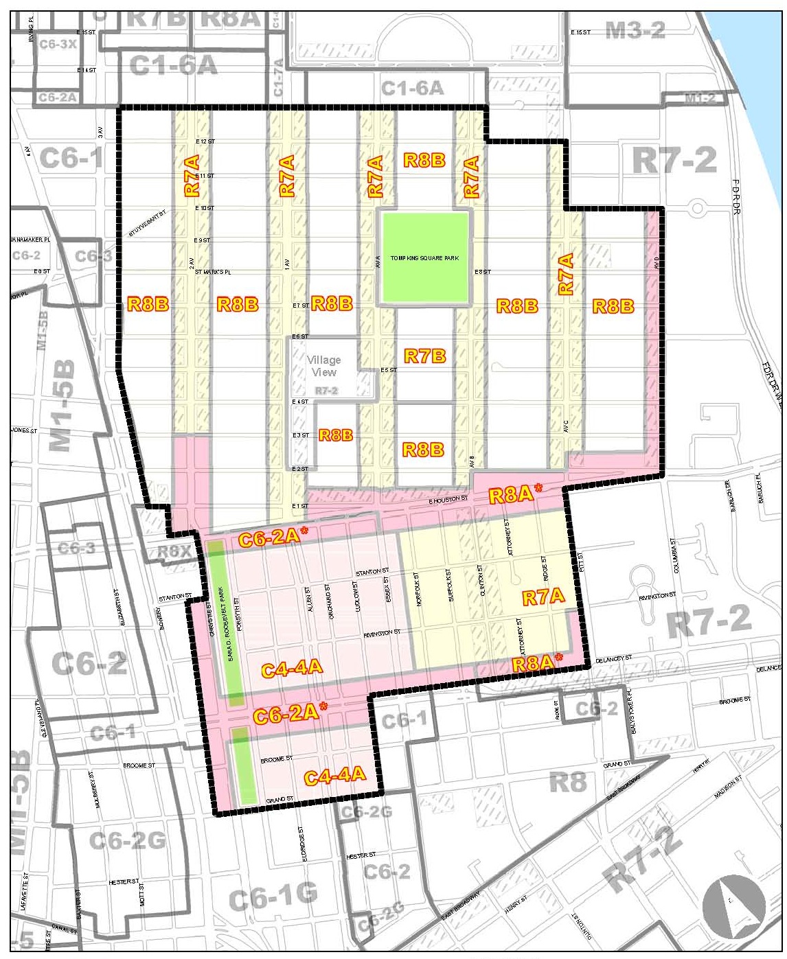 All of this area within the black lines, from E. 13th St. down to Grand St. and between Third Ave. / Bowery and Avenue D, is a contextual zone due to the 2008 East Village / Lower East Side rezoning. This whole area would see the current height caps raised under the administration's plan. 