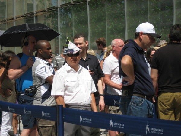 Makeshift sun hats on One World Trade Observatory's opening day Friday. Downtown Express photo by Dusica Sue Malesevic.