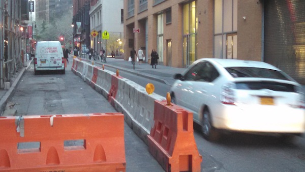 Beekman St, between Nassau and William Sts. April 21, 2015, prior to the installation of traffic signals, but after a hit and run accident on the nearby sidewalk.  Downtown Express file photo by Josh Rogers.