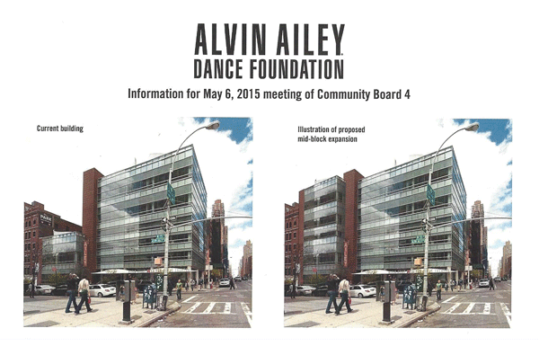 Admiration Aside, CB4 Denies Ailey Expansion Ambitions 2 This rendering was made available to those attending a recent CB4 meeting. Despite the board’s support for the Alvin Ailey Dance Foundation, it voted unanimously to approve a letter denying expansion efforts.