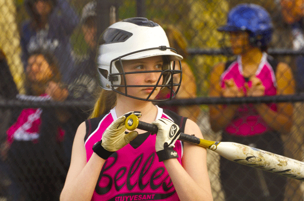 Good Sport Wins With Words 1 Juilanna Fabrizio at bat, during a recent game with the Peter Stuyvesant Little League Belles (one of three softball teams she belongs to). Photo by Patrick D'antonio.