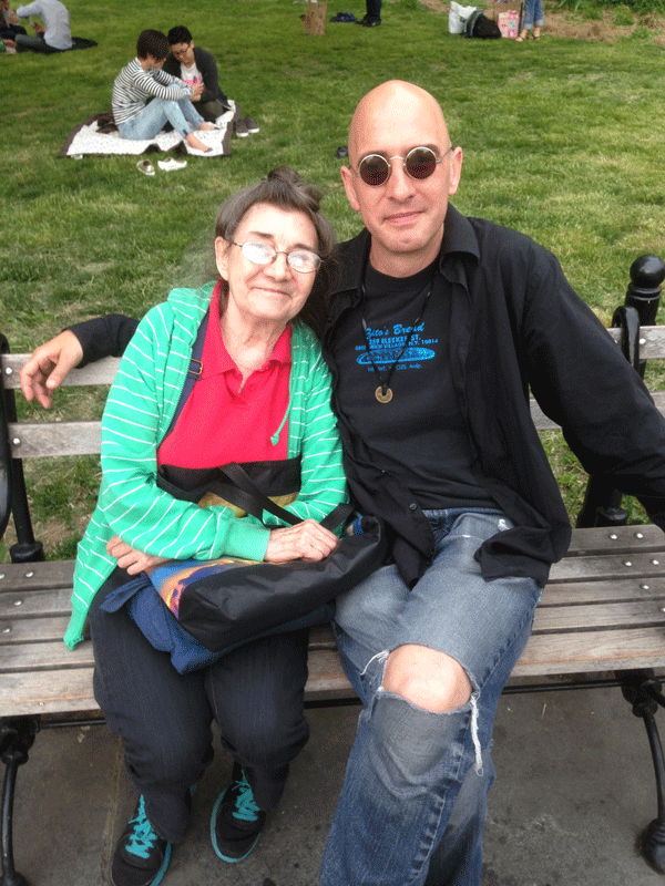 The All-New Adventures of an Aging Urban Elf 3 Bonnie Hall and her half-century-old son in Washington Square Park, at Faceboy’s happy, healthy, family-oriented birthday party. Photo by George Courtney.