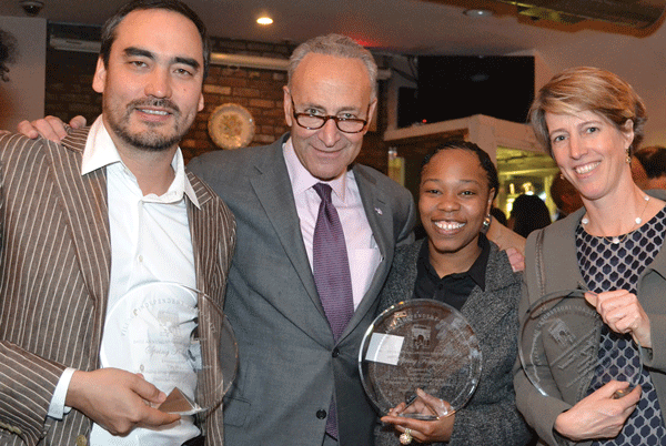 From left, Tim Wu, Chuck Schumer, Shantel Walker and Zephyr Teachout at the V.I.D. annual gala.  Photo by Zella Jones