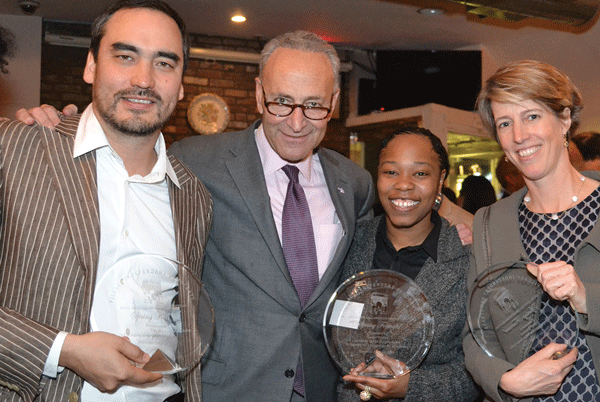 Scoopy's, Week of May 14, 2015 2 From left, Tim Wu, Chuck Schumer, Shantel Walker and Zephyr Teachout at the V.I.D. annual gala. Photo by Zella Jones