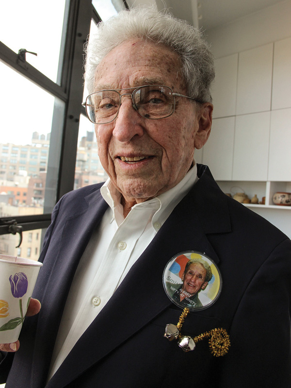 Albert Bennett at the party on Sat., April 25, that his Morton St. neighbors threw for him. Everyone wore “Albert Nifty at Ninety” buttons.   Photo by Tequila Minsky