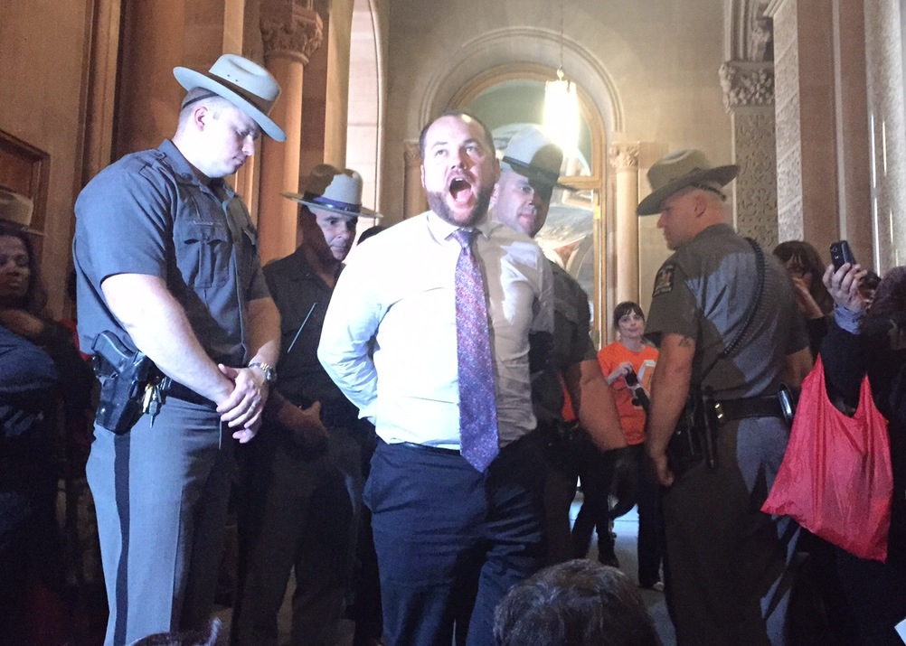 Pols arrested in Albany as rent war ratchets up 2 Corey Johnson being arrested in Albany on Wednesday during a planned sit-in protest outside the governor’s office.