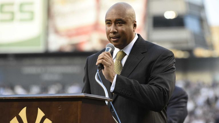 Former New York Yankees centerfielder Bernie Williams speaks to fans during a ceremony to honor him and retire his No. 51 before a game between the Yankees and the Texas Rangers at Yankee Stadium on Sunday, May 24, 2015.