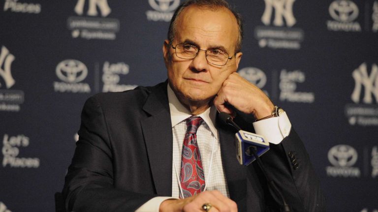 Former New York Yankees manager Joe Torre addresses the media before a retirement ceremony for former Yankees centerfielder Bernie Williams and a game between the Yankees and the Texas Rangers at Yankee Stadium on Sunday, May 24, 2015.