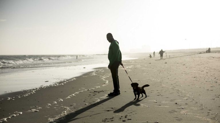 A man stands with his dog on the beach in Far Rockaway, Queens, on May 11, 2015.