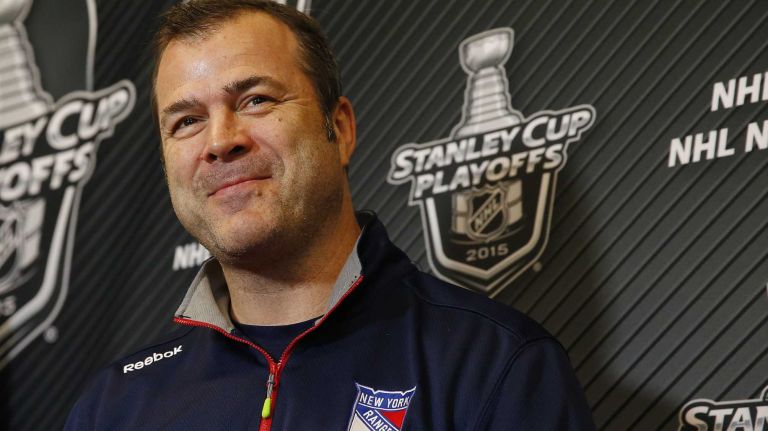 Alain Vigneault of the Rangers speaks to the media following practice on Thursday, May 28, 2015 at the MSG Training Center in Greenburgh, N.Y.