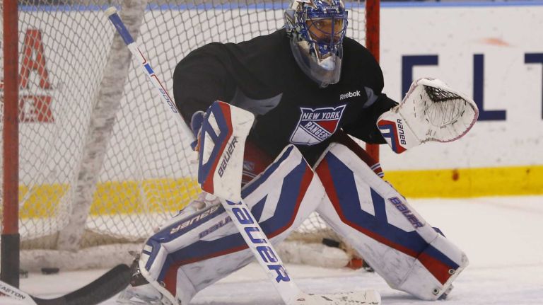 Henrik Lundqvist of the Rangers defends the net on Thursday, May 28, 2015 at the MSG Training Center in Greenburgh, N.Y.