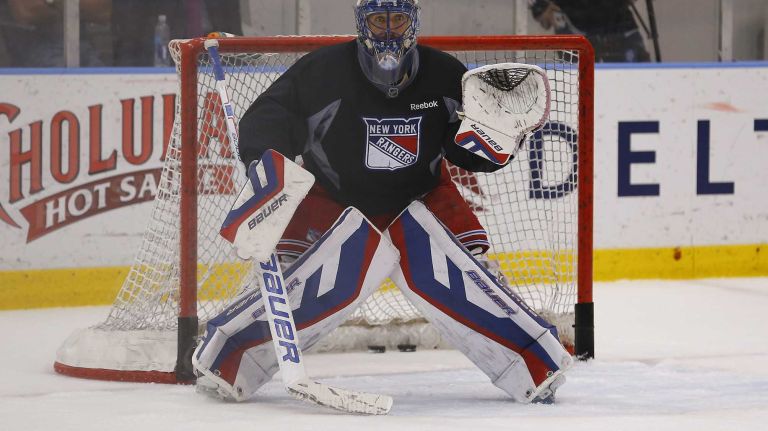 Henrik Lundqvist of the Rangers guards the net on Thursday, May 28, 2015 at the MSG Training Center in Greenburgh, N.Y.