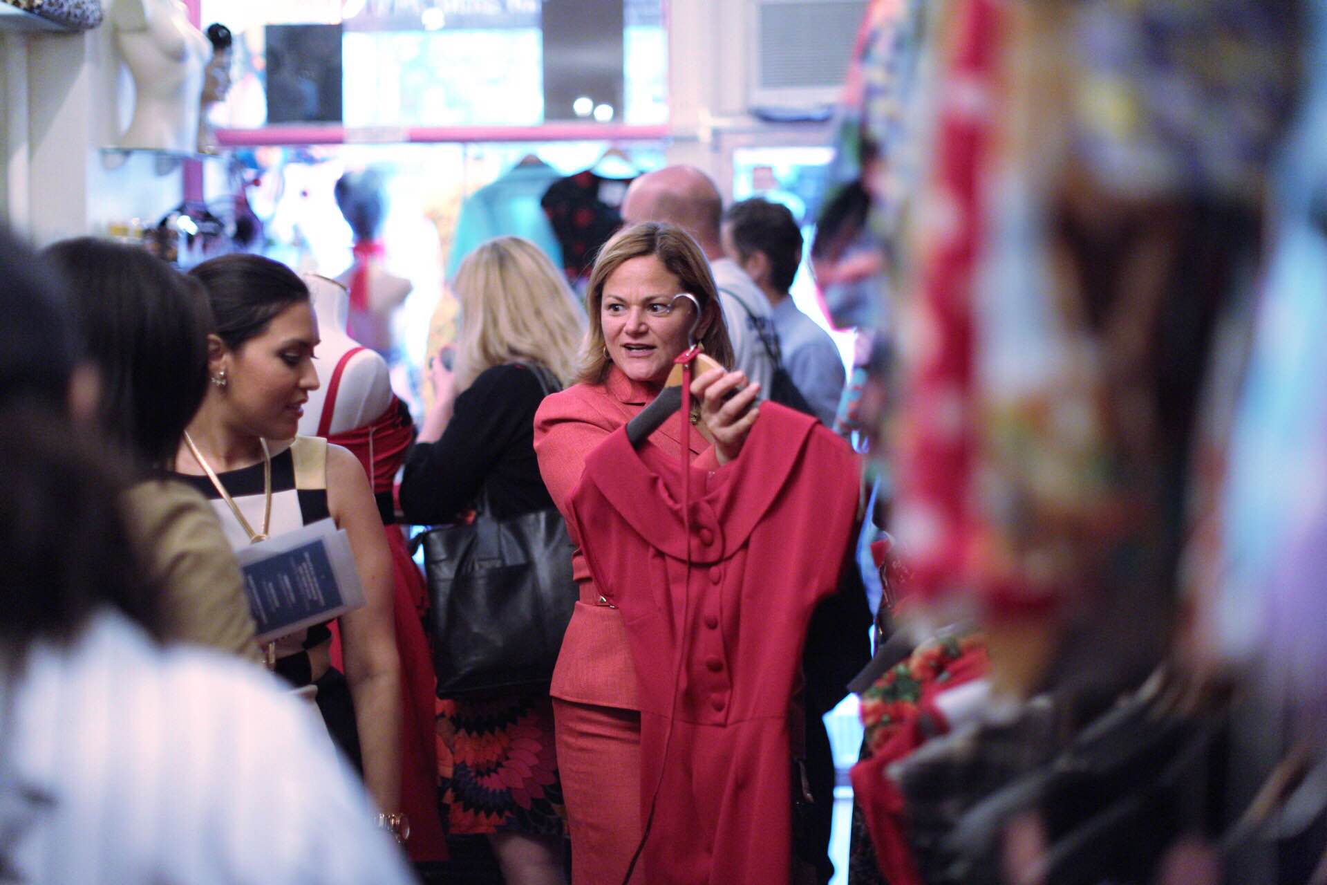 It's her color! Melissa Mark-Viverito checked out a cool vintage dress at Enz's.  Photo by William Alatriste / NYC Council