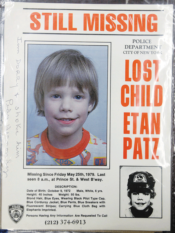 A missing-child poster from 1979 for Etan Patz that was shown to Pedro Hernandez by police during his first confession, in Camden, N.J., in 2012. At one point during the confession, Hernandez wrote on the poster that he was sorry he had choked Patz.