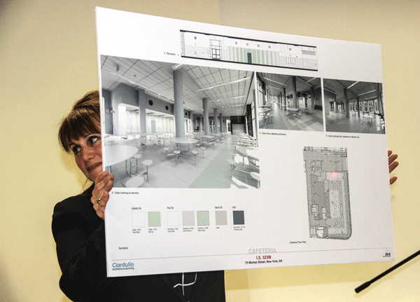 Parents get their first look at 75 Morton middle school 3 Jeannine Kiely displayed a poster board with a design of the school’s spacious cafeteria.