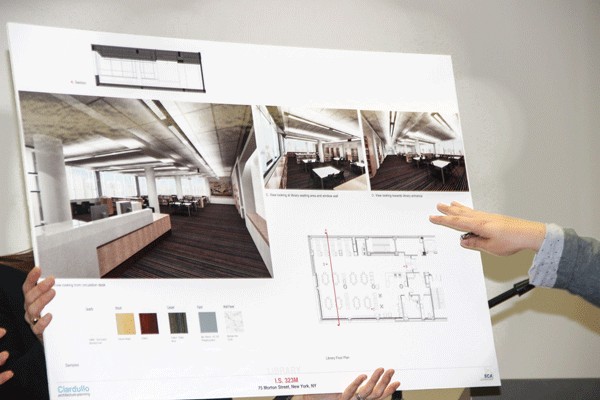 Melanie La Rocca pointed to the design rendering for the sun-filled fourth-floor library.