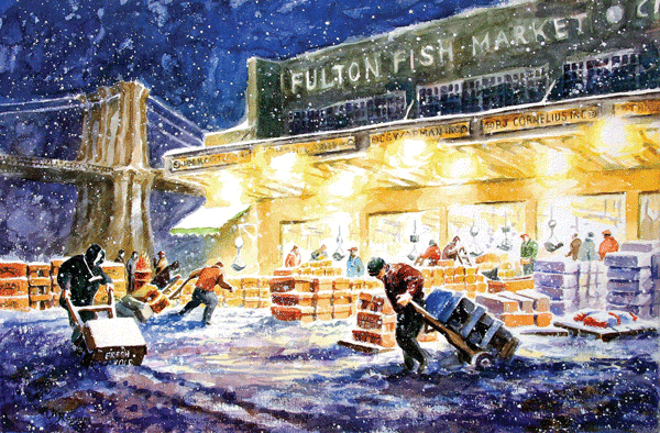 Image courtesy of Naima Rauam Artist Naima’s Rauam 2005 painting, “Working through a Snowstorm, Fulton Fish Market” shows what she calls the “iconic” New Market Building.