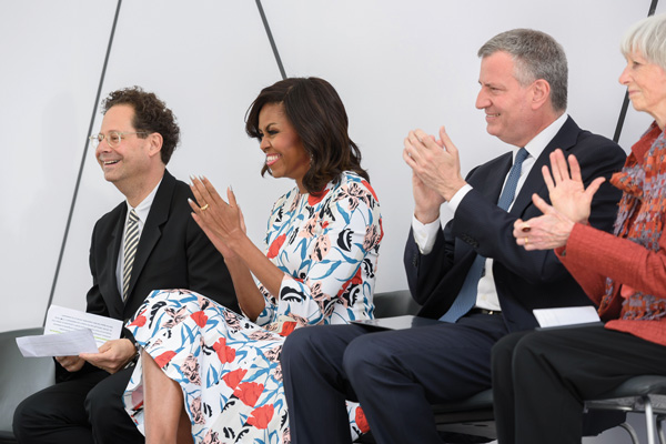 From left, Whitney Director Adam Weinberg, Michelle Obama and Mayor de Blasio at Thursday's dedication of the Whitney Museum.