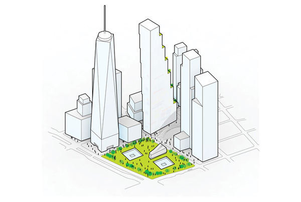 Rendering by BIG Diagram of the World Trade Center buildings surrounding the 9/11 Memorial. 