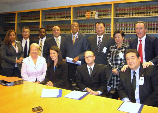 On Oct 16, 2009, the City Council’s legal and legislative staff presented a legal memorandum of case law supporting the constitutionality of the Small Business Jobs Survival Act. In the front row, from left, are Attorney Sherri Donovan, the longtime legal counsel for the Small Business Congress and an authority of New York State court decisions on commercial rent-control law; her two assistants, and Miguel Peribanez, the founder of the U.S.A. Latin Chamber of Commerce, which, at the request of David Yassky, the then-chairperson of the Council’s Small Business Committee, conducted the largest small business study of Hispanic business owners in New York City. In the back row, from left, are Quenia Abreu, president of the New York Women’s Chamber of Commerce; Sung Soo Kim, founder of the Korean American Small Business Service Center; Ramon Murphy, president of the U.S.A. Bodega Association; Miguel Acevedo, a tenant and youth activist from Chelsea’s Fulton Houses; then-Councilmember Robert Jackson, the prime sponsor of the S.B.J.S.A. at that time; R. Kim, a Korean manufacturing leader; Mrs. Sung Soo Kim, and Steven Null, founder of the Coalition for Fair Business rents. In 2009, 32 of the City Council’s 51 members supported the S.B.J.S.A., yet it was never allowed to come up for a vote by the full Council.