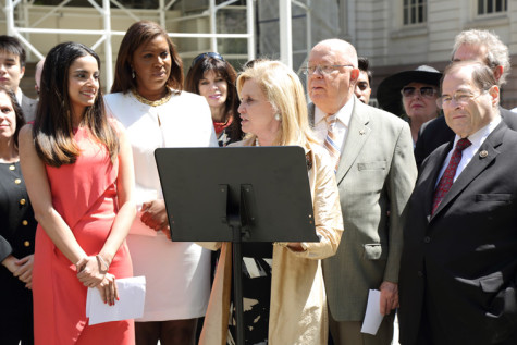 Jenifer Rajkumar last month announcing her district leader reelection campaign. Standing next to her is Public Advocate Tish James, U.S. Reps. Carolyn Maloney (center) and Jerry Nadler (far right)