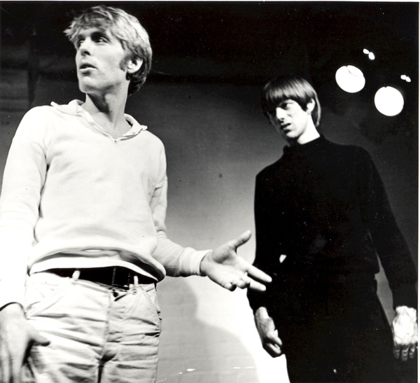 John Gilman, left, as Christopher — the upstairs neighbor who just moved in with his boyfriend, Joe — with Robert Frink, right, as Sam the hippie, in Robert Heide’s play “Moon” at the Caffe Cino in 1968. 