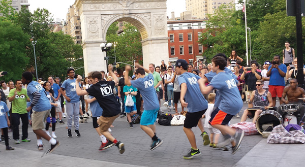 Young dancers from the National Dance Institute who had been performing nearby at N.Y.U.’s Skirball Center came and busted out their African dance moves as L.C. and the other drummer gave them the beat.