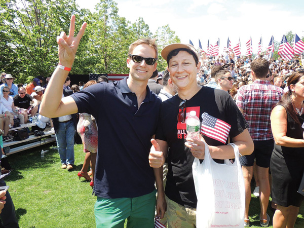 Erik Bottcher, City Councilmember Corey Johnson’s chief of staff, left, and David Alden Contreras Turley, associate regional field director of the Human Rights Campaign, were “feelin’ it” for Hillary on Roosevelt Island.  Photo by Marilyn Abalos