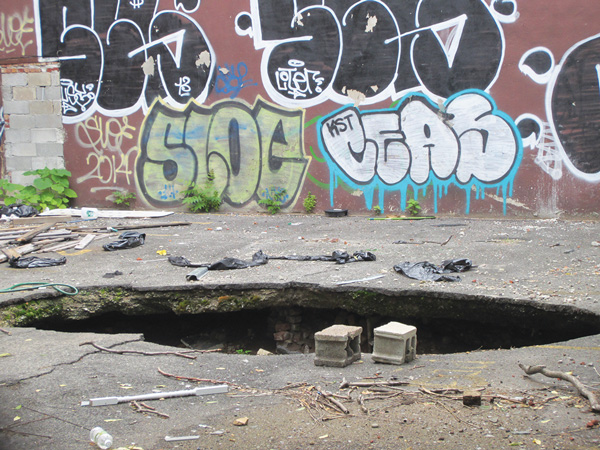 Over the years, when this hole hasn’t been filled with fetid water, it’s been disgorging scurrying rats, neighbors say.  Photo by Tina Benitez-Eves