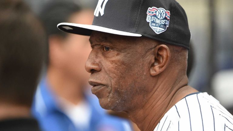 Former New York Yankees Mickey Rivers looks on at batting practice during the 69th Old-Timers' Day at Yankee Stadium before a baseball game between the Yankees and the Detroit Tigers on Saturday, June 20, 2015.