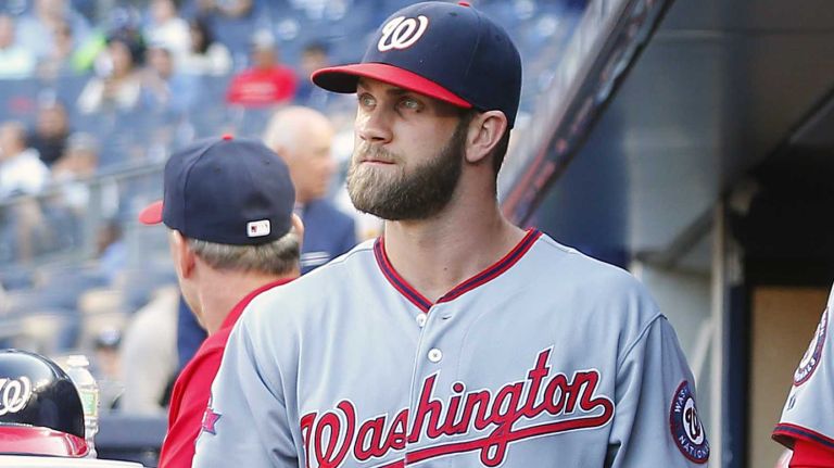 Bryce Harper of the Washington Nationals looks on before a game against the New York Yankees at Yankee Stadium on Tuesday, June 9, 2015.